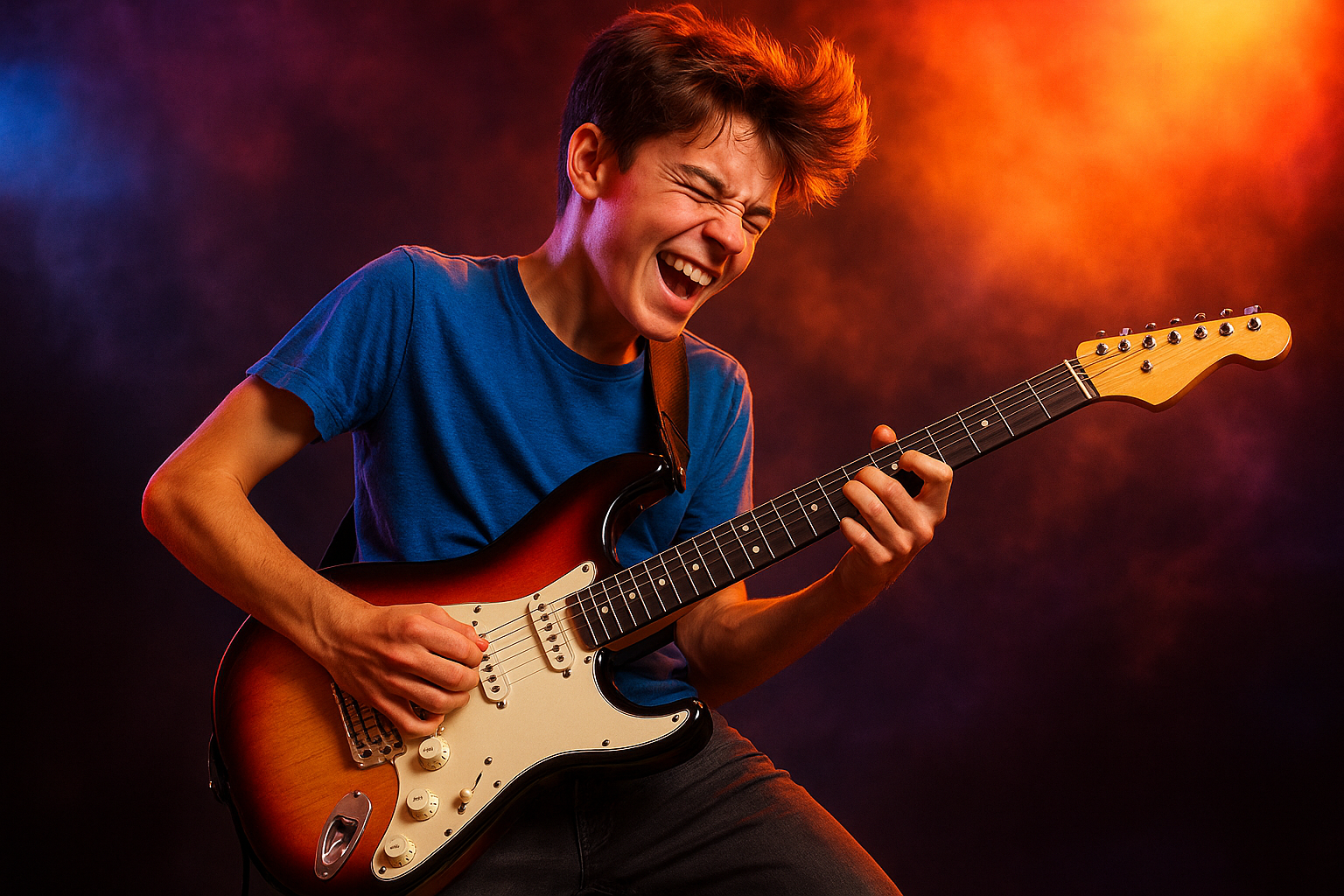 15-16 yaşlarında bir çocuğun elektro gitar çalma heyecanı