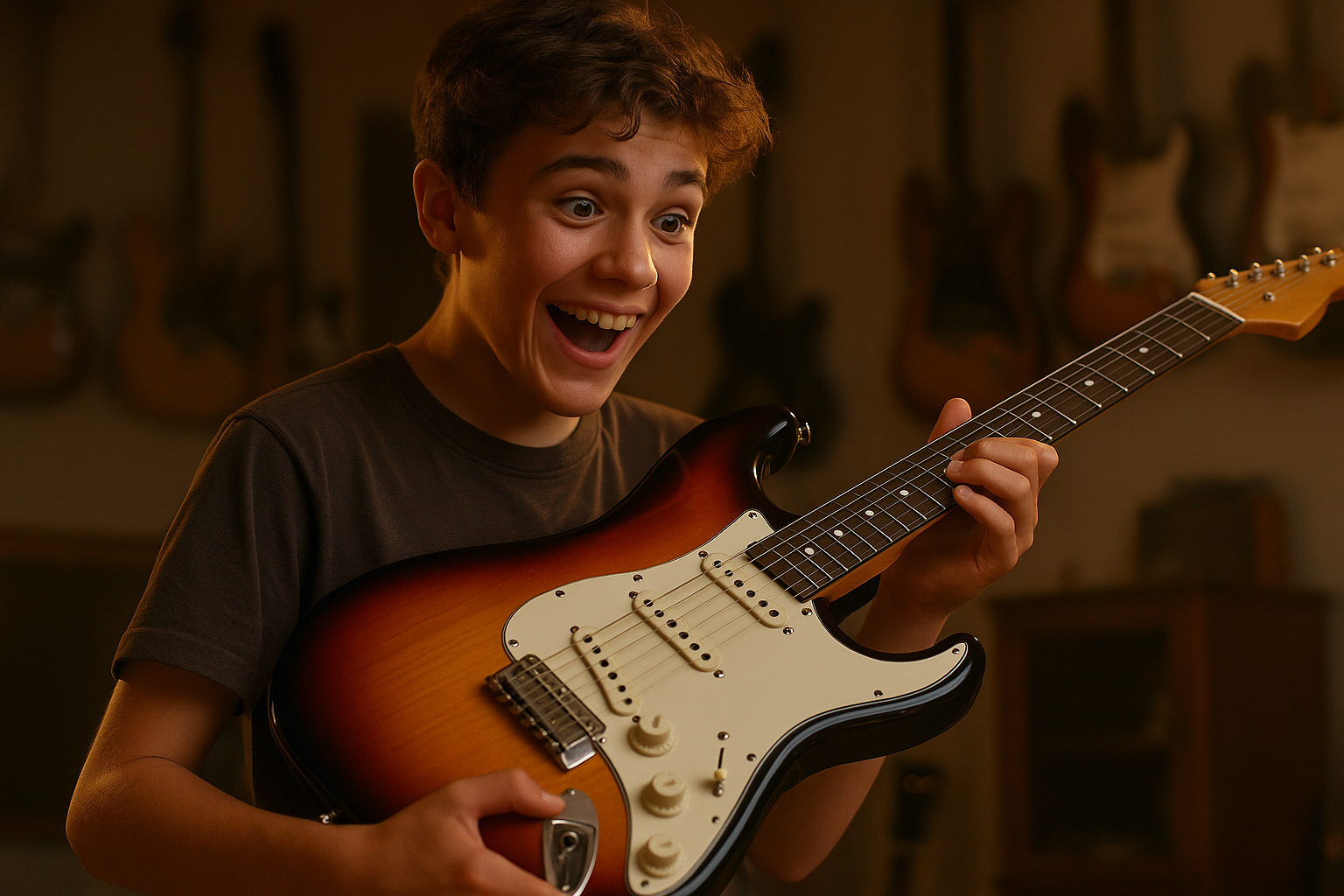 bir gencin hayalindeki elektro gitara kavuştuğunu anlatan görsel
